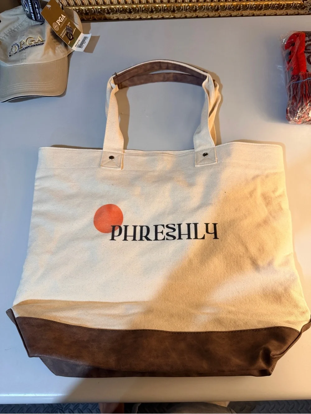 Canvas Tote Bag with Brown Suede Base - Cream/Orange Accent